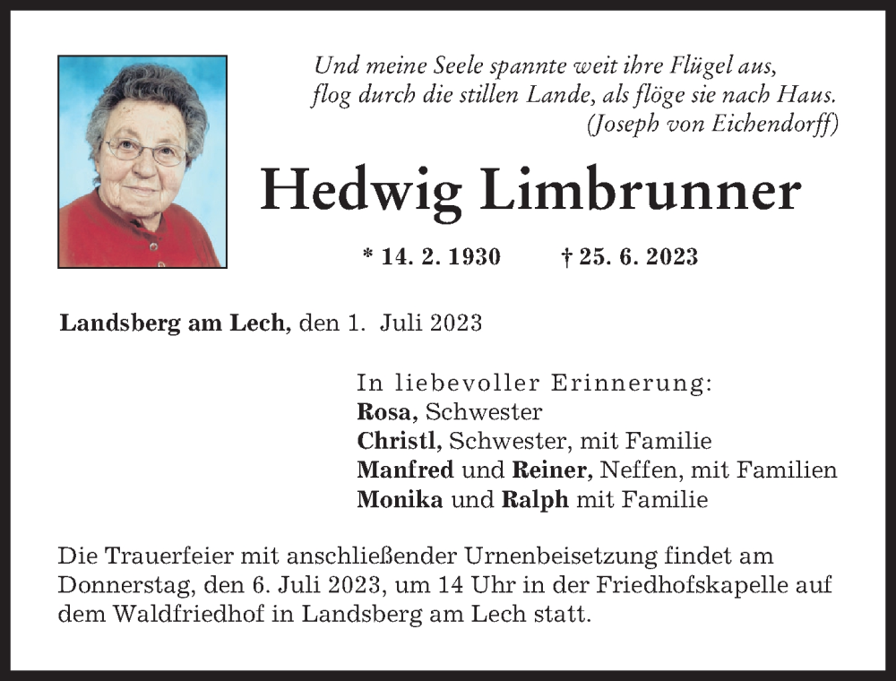 Traueranzeige von Hedwig Limbrunner von Landsberger Tagblatt