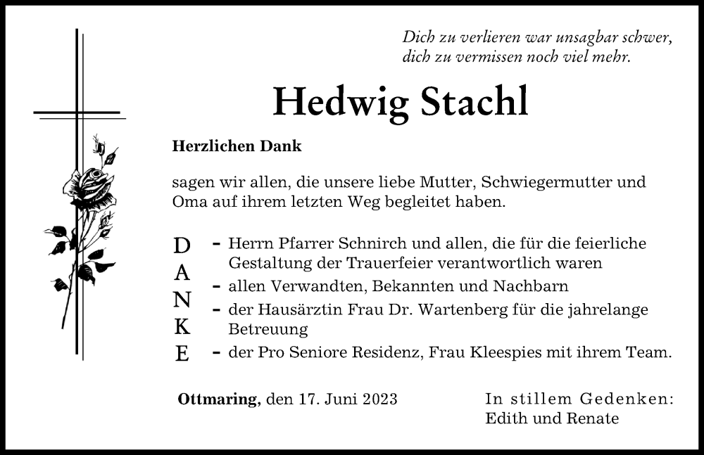  Traueranzeige für Hedwig Stachl vom 17.06.2023 aus Friedberger Allgemeine
