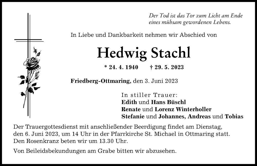  Traueranzeige für Hedwig Stachl vom 03.06.2023 aus Friedberger Allgemeine
