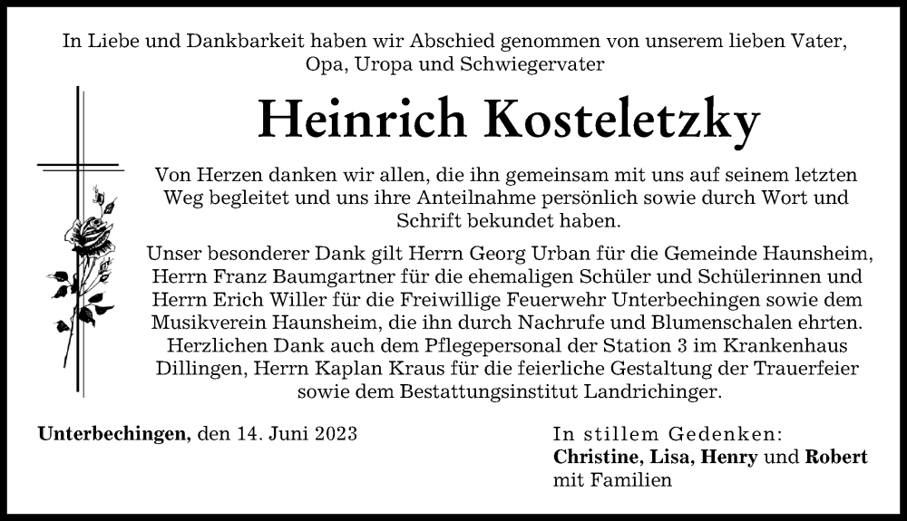  Traueranzeige für Heinrich Kosteletzky vom 14.06.2023 aus Donau Zeitung