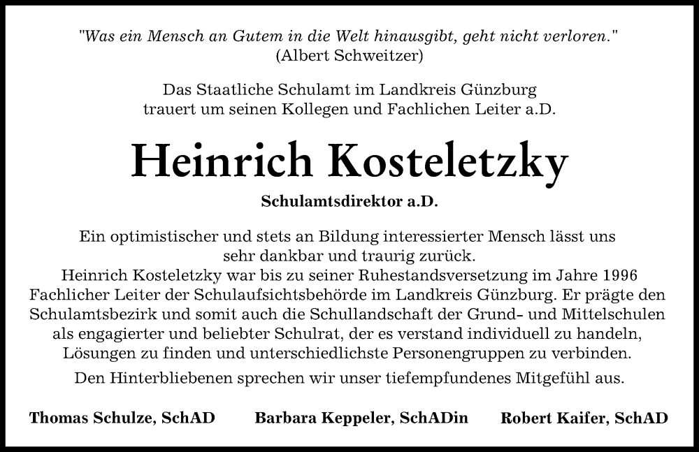  Traueranzeige für Heinrich Kosteletzky vom 24.06.2023 aus Günzburger Zeitung