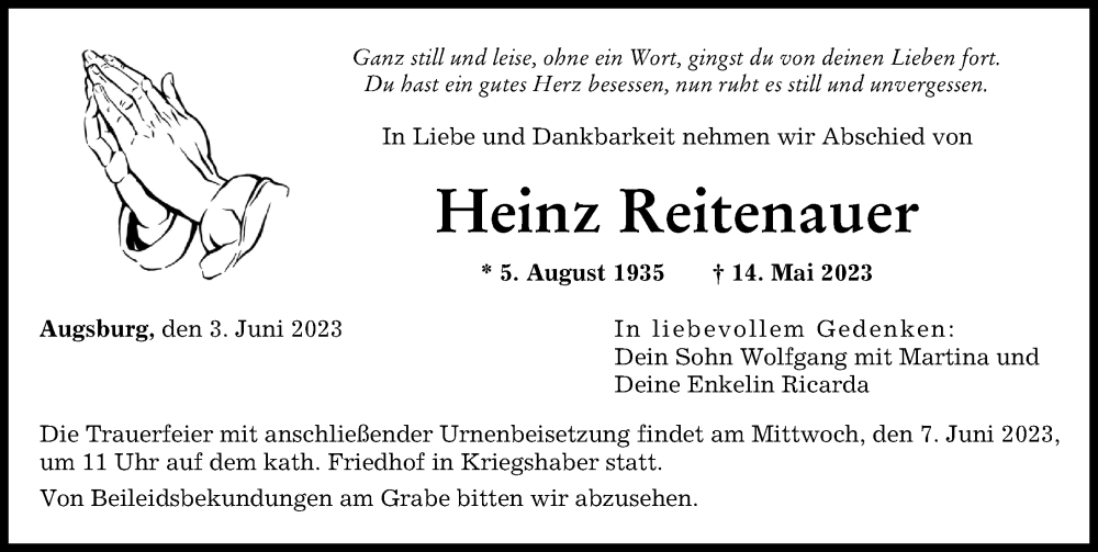  Traueranzeige für Heinz Reitenauer vom 03.06.2023 aus Augsburger Allgemeine