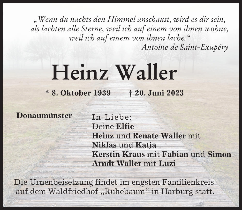 Traueranzeige von Heinz Waller von Donauwörther Zeitung