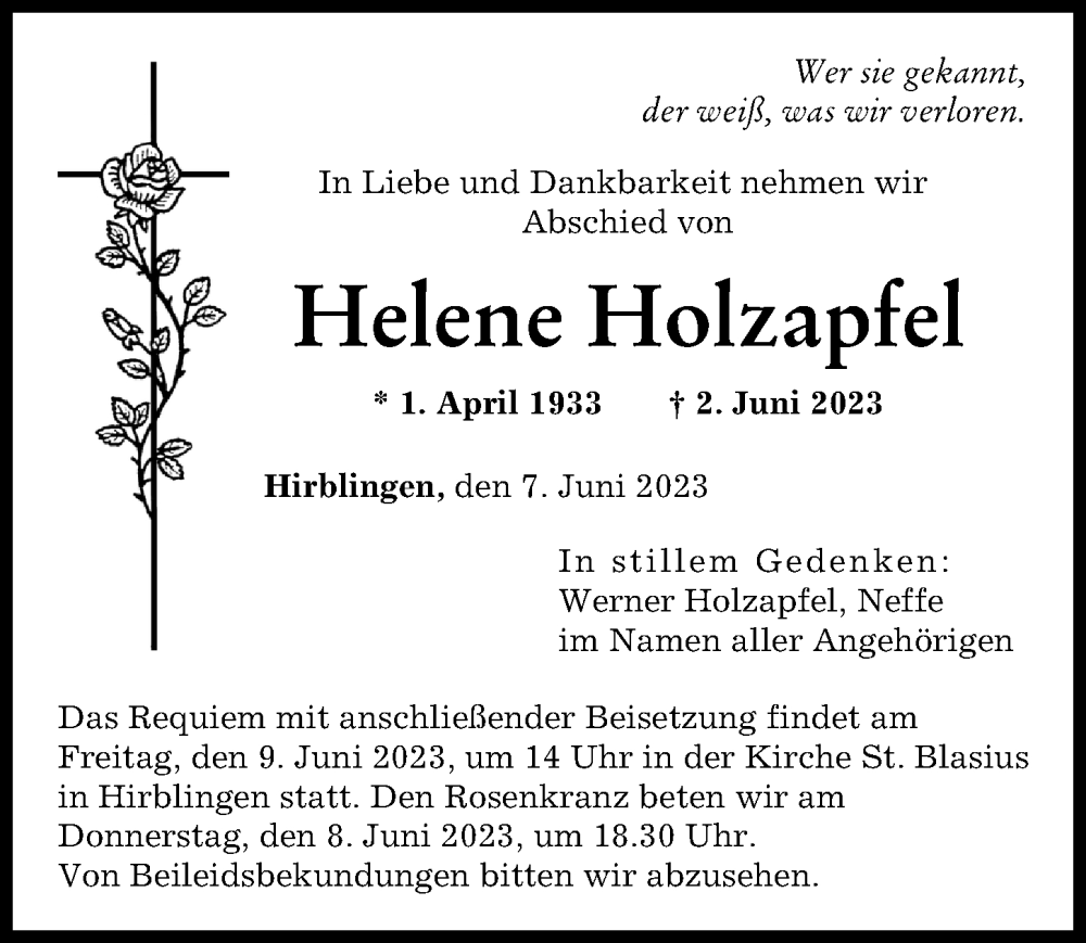 Traueranzeige von Helene Holzapfel von Augsburger Allgemeine