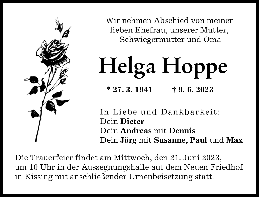 Traueranzeige von Helga Hoppe von Friedberger Allgemeine