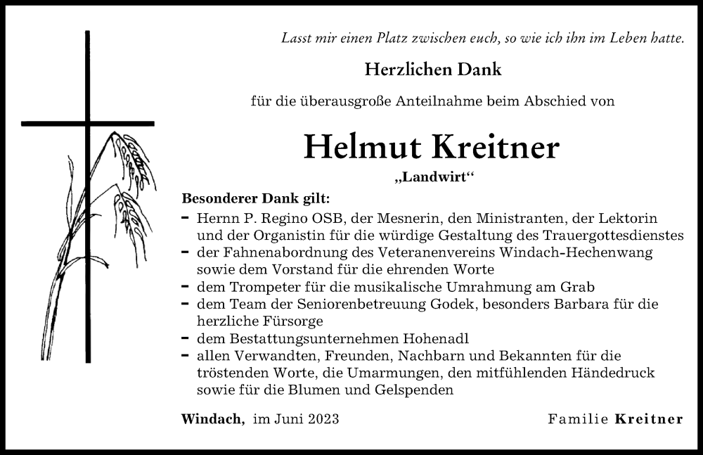  Traueranzeige für Helmut Kreitner vom 17.06.2023 aus Landsberger Tagblatt