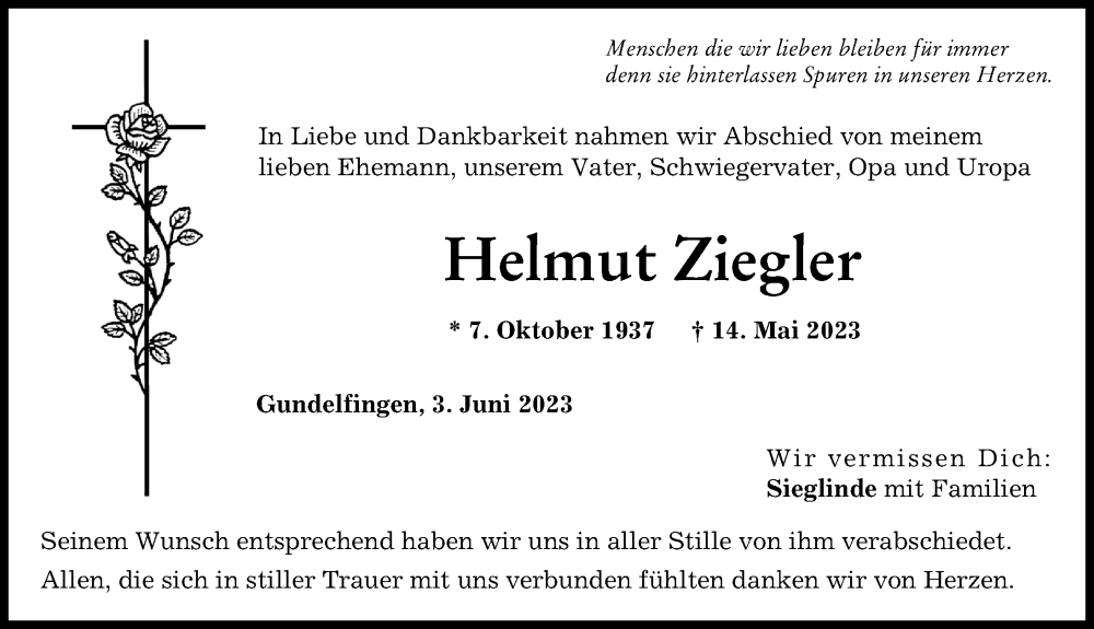  Traueranzeige für Helmut Ziegler vom 03.06.2023 aus Donau Zeitung