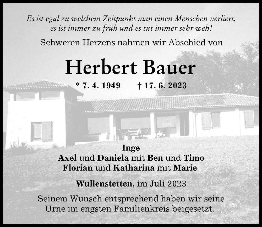 Traueranzeigen Von Herbert Bauer Augsburger Allgemeine Zeitung