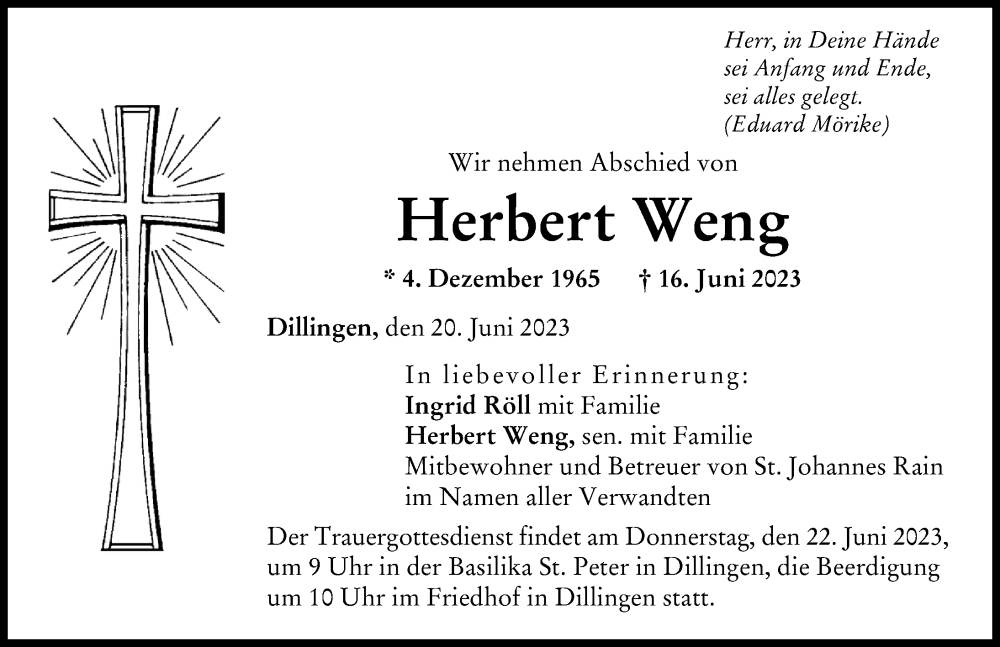 Traueranzeige von Herbert Weng von Donau Zeitung