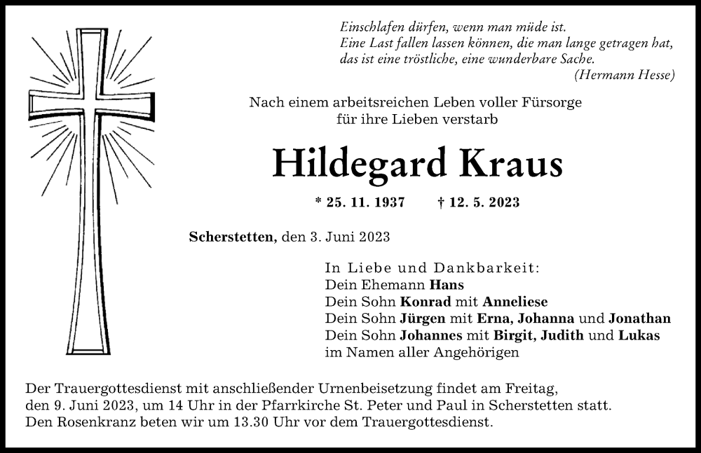 Traueranzeige von Hildegard Kraus von Schwabmünchner Allgemeine