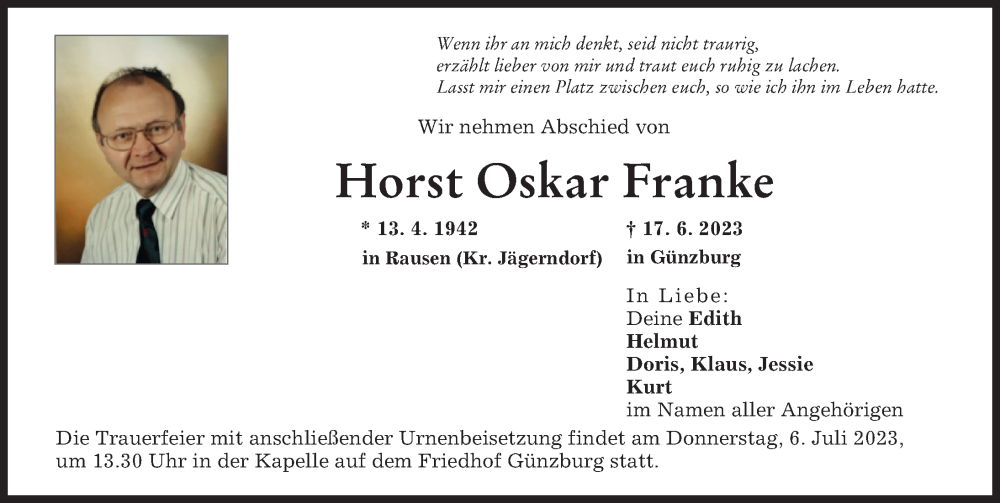 Traueranzeige von Horst Oskar Franke von Günzburger Zeitung