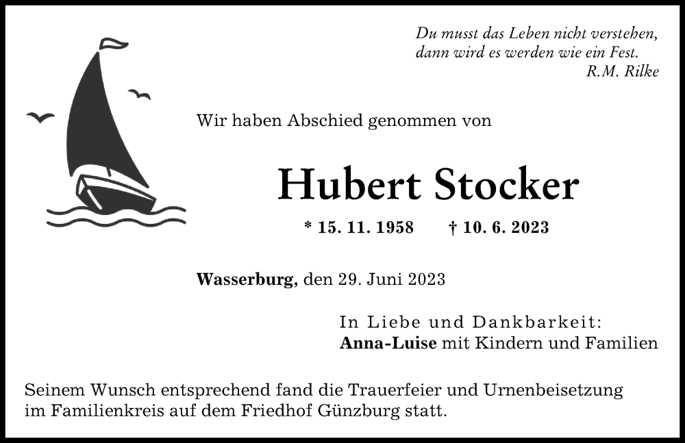 Traueranzeige von Hubert Stocker von Günzburger Zeitung