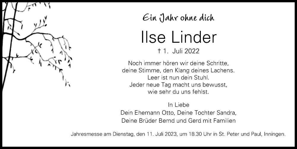 Traueranzeige von Ilse Linder von Augsburger Allgemeine
