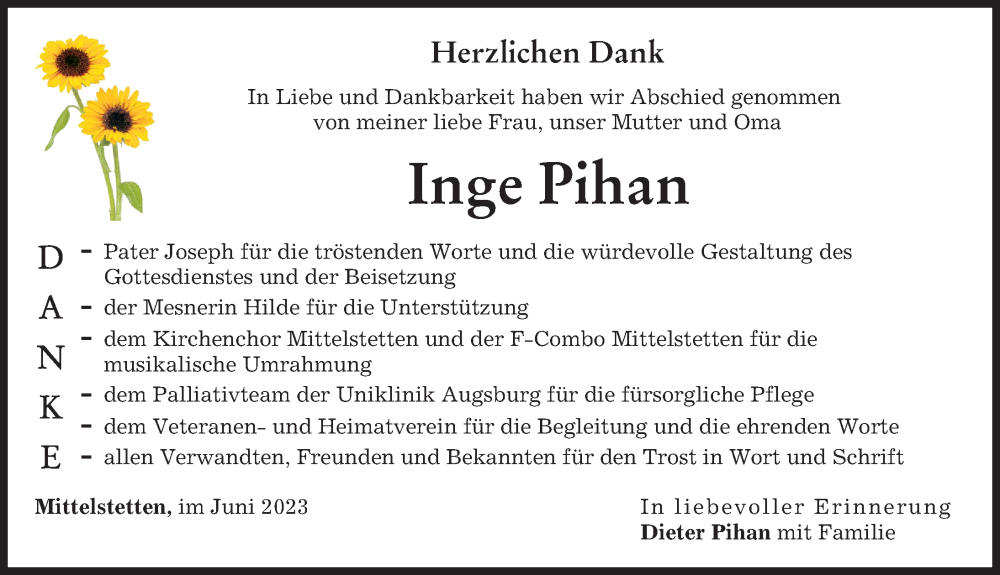  Traueranzeige für Inge Pihan vom 10.06.2023 aus Schwabmünchner Allgemeine