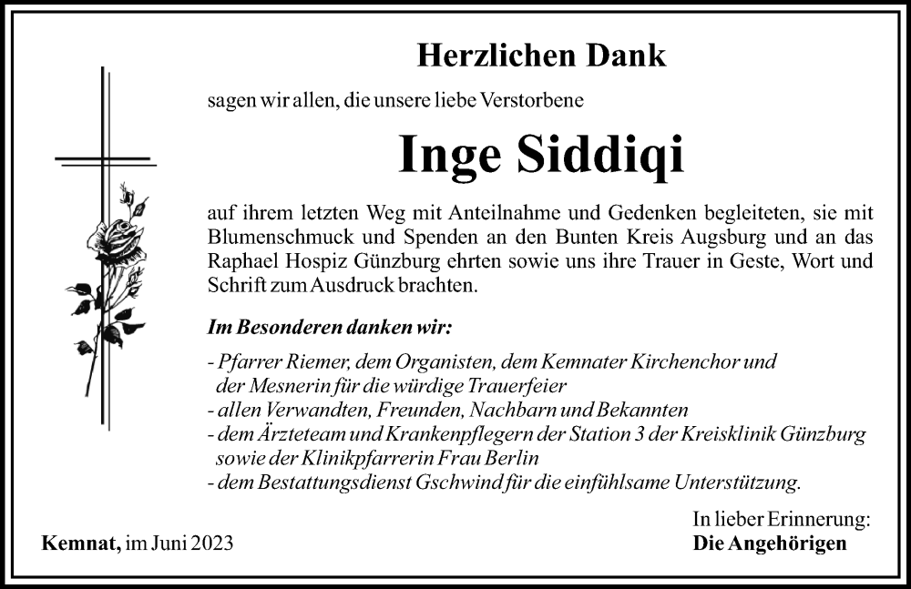  Traueranzeige für Inge Siddiqi vom 09.06.2023 aus Mittelschwäbische Nachrichten, Günzburger Zeitung