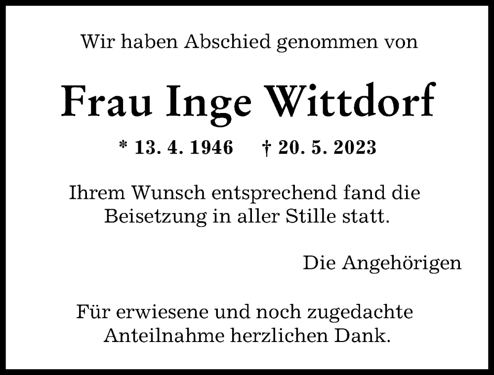  Traueranzeige für Inge Wittdorf vom 03.06.2023 aus Donau Zeitung