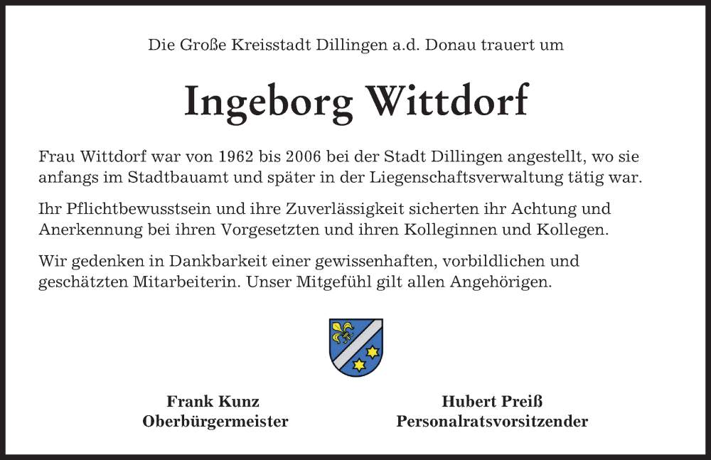  Traueranzeige für Ingeborg Wittdorf vom 03.06.2023 aus Donau Zeitung
