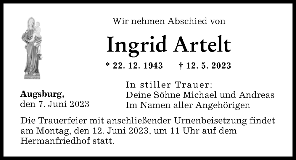  Traueranzeige für Ingrid Artelt vom 07.06.2023 aus Augsburger Allgemeine
