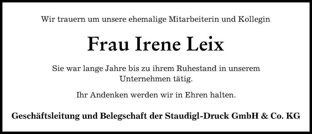  Traueranzeige für Irene Leix vom 02.06.2023 aus Donauwörther Zeitung