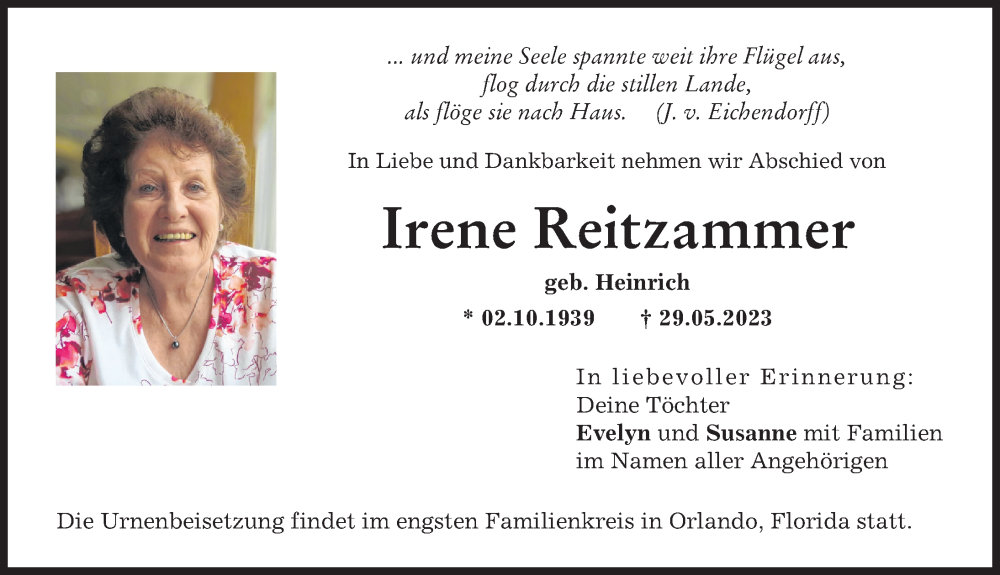 Traueranzeigen von Irene Reitzammer | Augsburger Allgemeine Zeitung