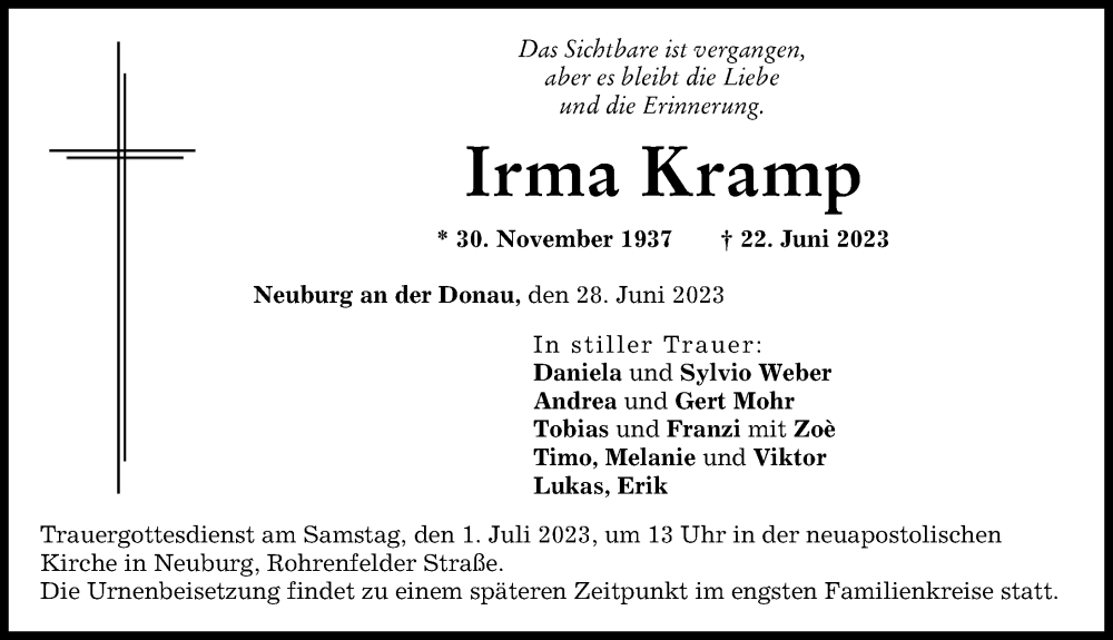 Traueranzeige von Irma Kramp von Neuburger Rundschau