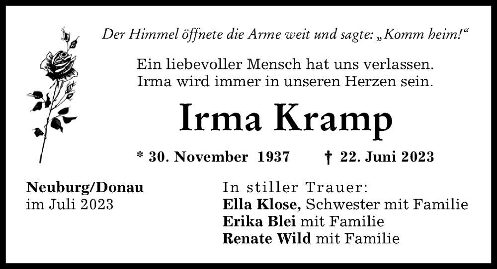 Traueranzeige von Irma Kramp von Neuburger Rundschau