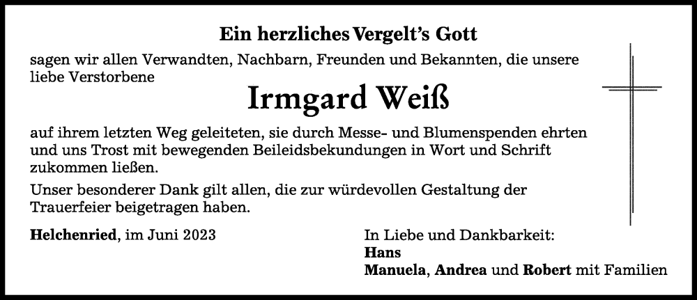  Traueranzeige für Irmgard Weiß vom 20.06.2023 aus Mindelheimer Zeitung