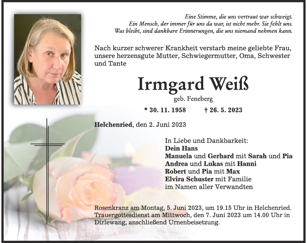  Traueranzeige für Irmgard Weiß vom 02.06.2023 aus Mindelheimer Zeitung
