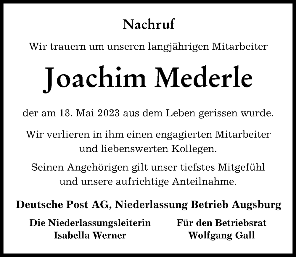  Traueranzeige für Joachim Mederle vom 03.06.2023 aus Donauwörther Zeitung