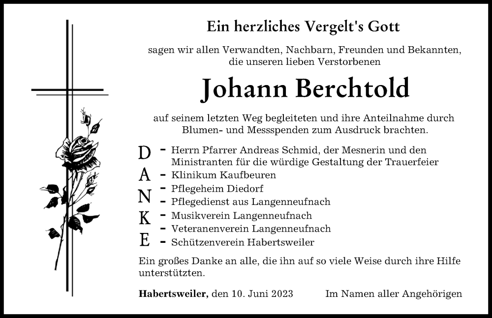  Traueranzeige für Johann Berchtold vom 10.06.2023 aus Schwabmünchner Allgemeine