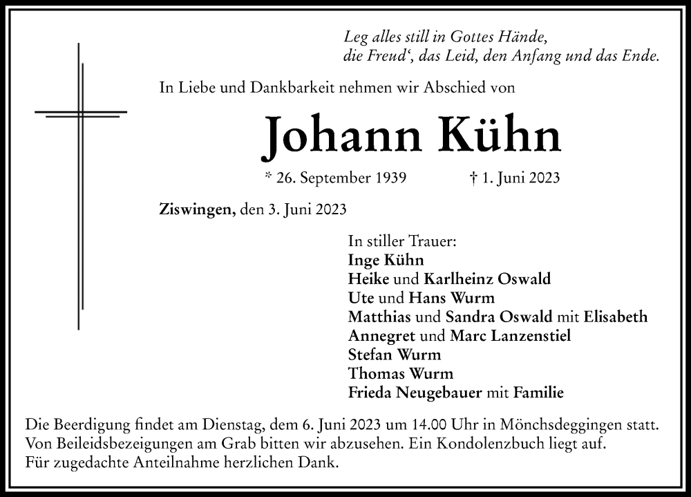  Traueranzeige für Johann Kühn vom 03.06.2023 aus Rieser Nachrichten