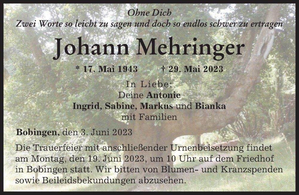 Traueranzeige von Johann Mehringer von Schwabmünchner Allgemeine