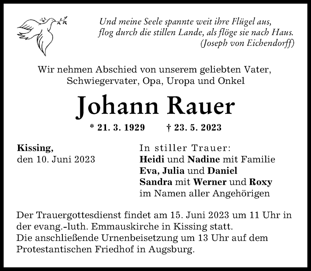 Traueranzeige von Johann Rauer von Friedberger Allgemeine