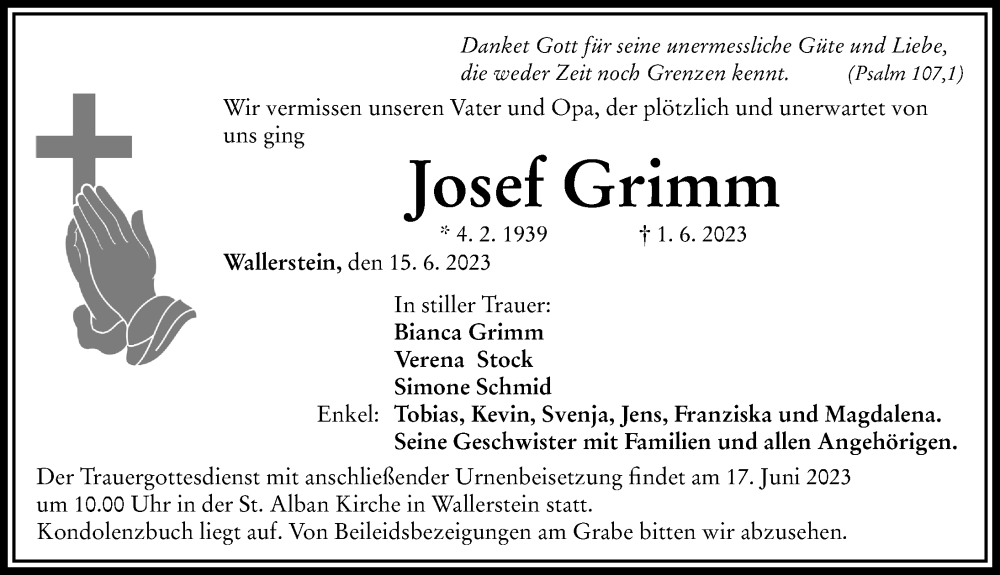  Traueranzeige für Josef Grimm vom 15.06.2023 aus Rieser Nachrichten