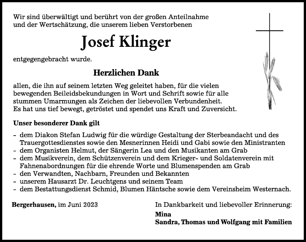  Traueranzeige für Josef Klinger vom 14.06.2023 aus Mindelheimer Zeitung
