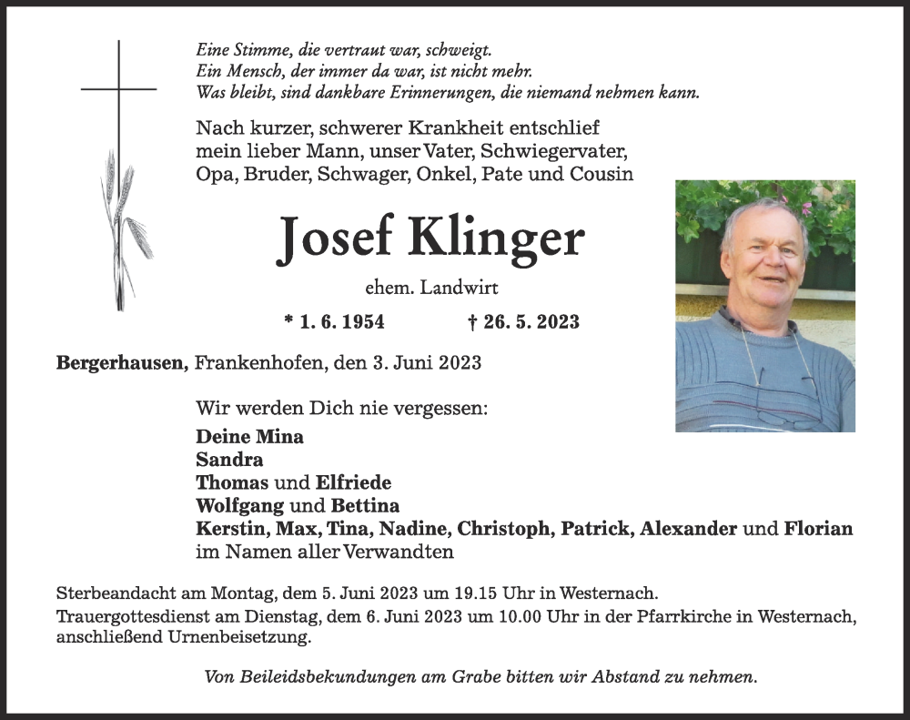  Traueranzeige für Josef Klinger vom 03.06.2023 aus Mindelheimer Zeitung