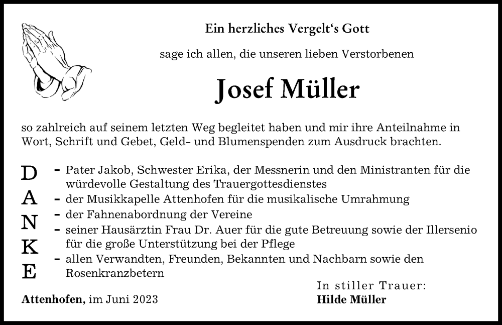  Traueranzeige für Josef Müller vom 14.06.2023 aus Neu-Ulmer Zeitung
