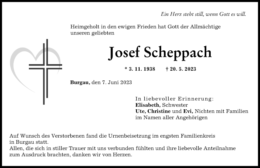  Traueranzeige für Josef Scheppach vom 07.06.2023 aus Günzburger Zeitung