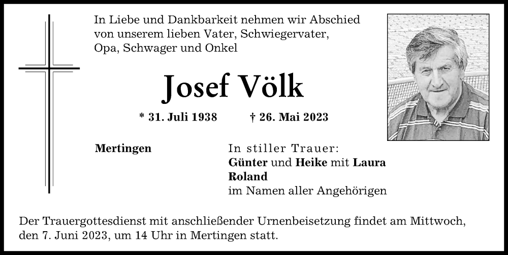  Traueranzeige für Josef Völk vom 03.06.2023 aus Donauwörther Zeitung