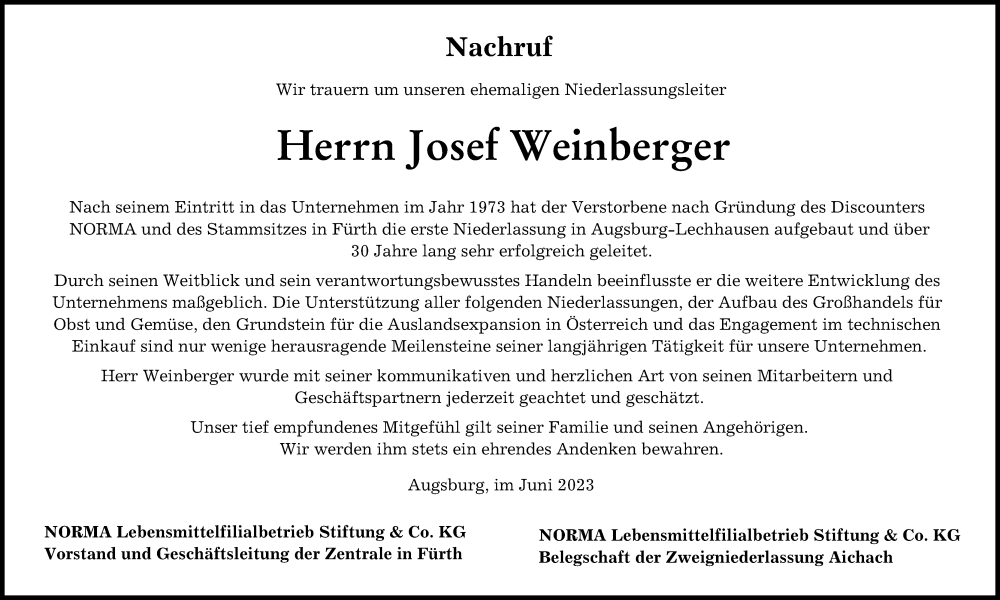  Traueranzeige für Josef Weinberger vom 10.06.2023 aus Augsburger Allgemeine