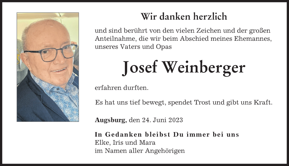  Traueranzeige für Josef Weinberger vom 24.06.2023 aus Augsburger Allgemeine