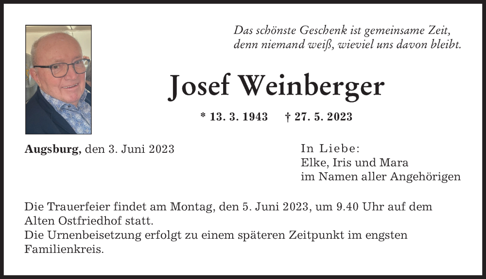  Traueranzeige für Josef Weinberger vom 03.06.2023 aus Augsburger Allgemeine