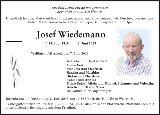 Traueranzeigen Von Josef Wiedemann Augsburger Allgemeine Zeitung