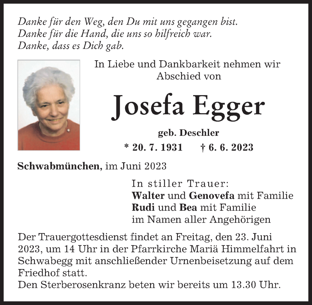 Traueranzeige von Josefa Egger von Schwabmünchner Allgemeine