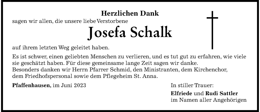  Traueranzeige für Josefa Schalk vom 16.06.2023 aus Mindelheimer Zeitung
