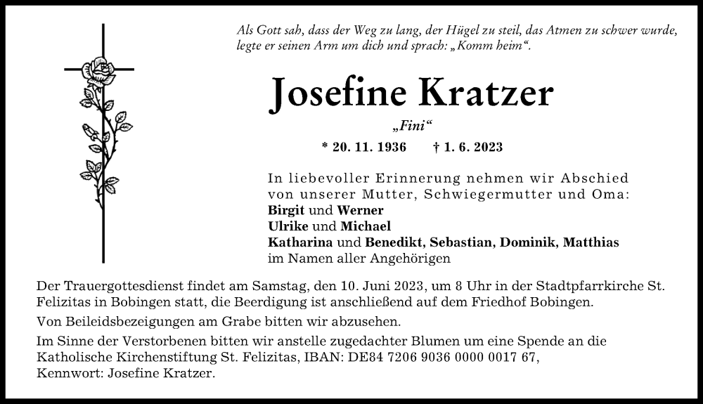 Traueranzeige von Josefine Kratzer von Schwabmünchner Allgemeine