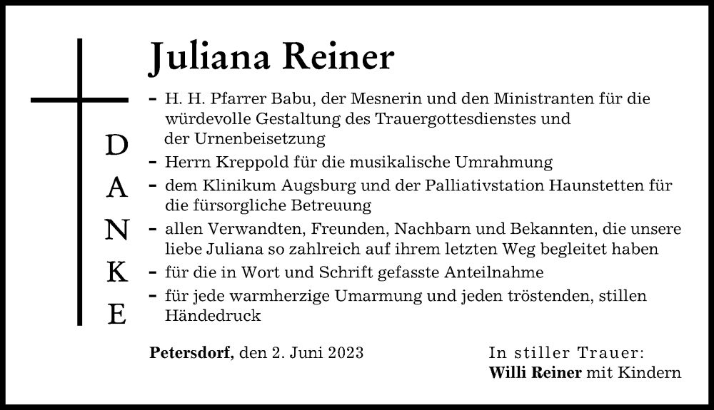  Traueranzeige für Juliana Reiner vom 02.06.2023 aus Aichacher Nachrichten