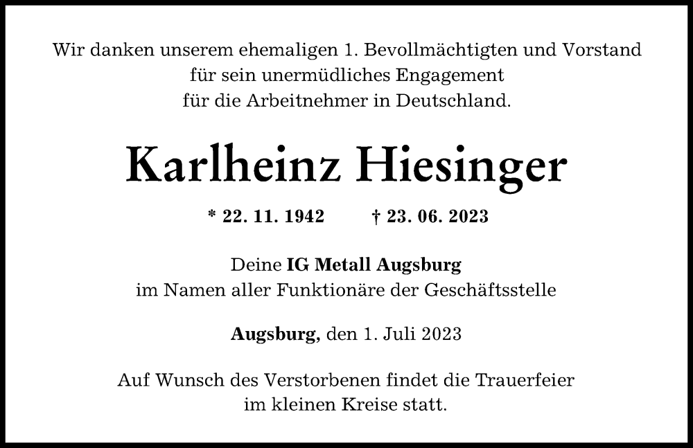 Traueranzeige von Karlheinz Hiesinger von Augsburger Allgemeine