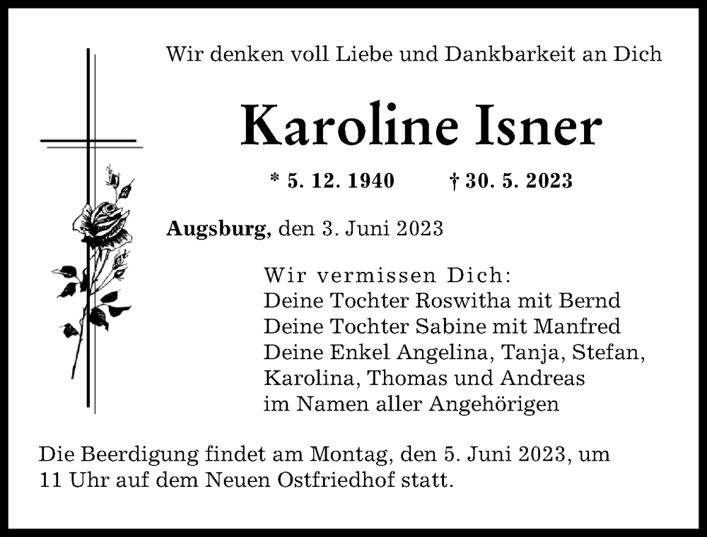  Traueranzeige für Karoline Isner vom 03.06.2023 aus Augsburger Allgemeine