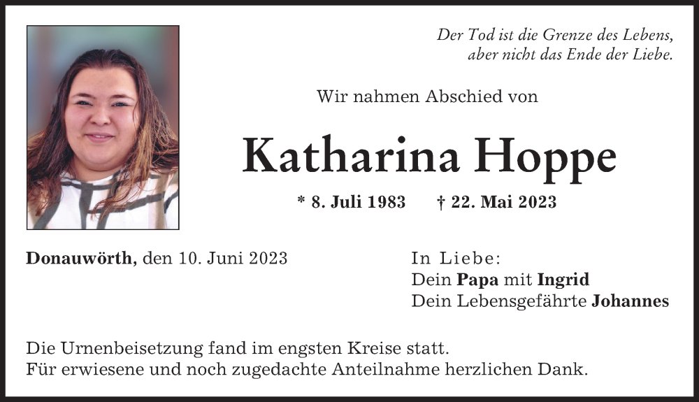 Traueranzeige von Katharina Hoppe von Neuburger Rundschau